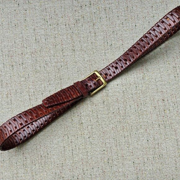 Genuine Leather Belt Brown Braided Unisex Gold Tone Solid Brass Buckle Waistband - Picture 12 of 12